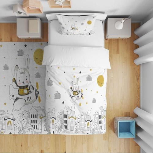 Yatak Örtüsü Planör Balon Bulut Tavşan 140x220 - Yastık Kılıfı Hediye