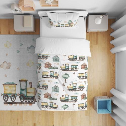 Çocuk Yatak Örtüsü Hediye Yastık Kılıfı Trenli Vagonlar Ve Ağaçlar