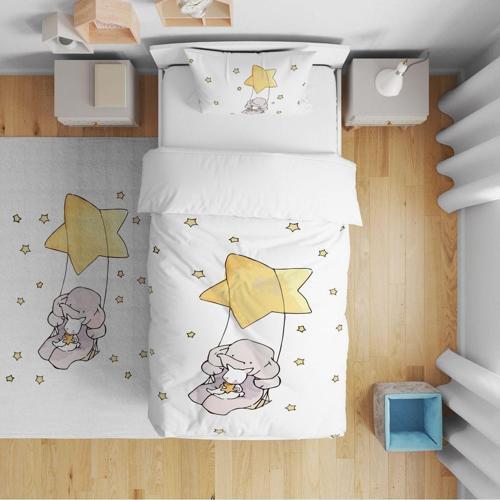 Çocuk Bebek Nevresim Takımı Sarı Yıldızlı Fil ve Tavşan Arkadaşlar