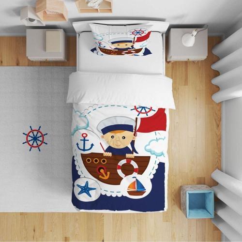 Yatak Örtüsü Kaptan Çocuk Ve Gemi 140x220 - Yastık Kılıfı Hediye