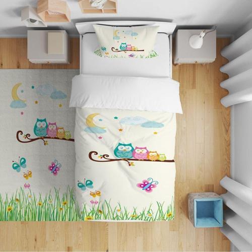 Yatak Örtüsü Baykuş Ailesi Kelebek 140x220 - Yastık Kılıfı Hediye