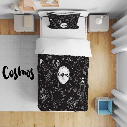 Yatak Örtüsü Uzay Nesneleri 140x220 - Yastık Kılıfı Hediye