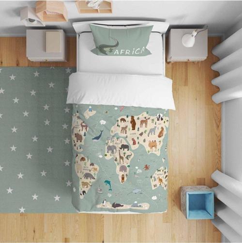 Çocuk Yatak Örtüsü Hediye Yastık Kılıfı Havanlı Dünya Haritası