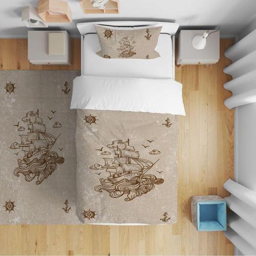 Çocuk Yatak Örtüsü Hediye Yastık Kılıfı Çapa Dümen Korsan Gemi