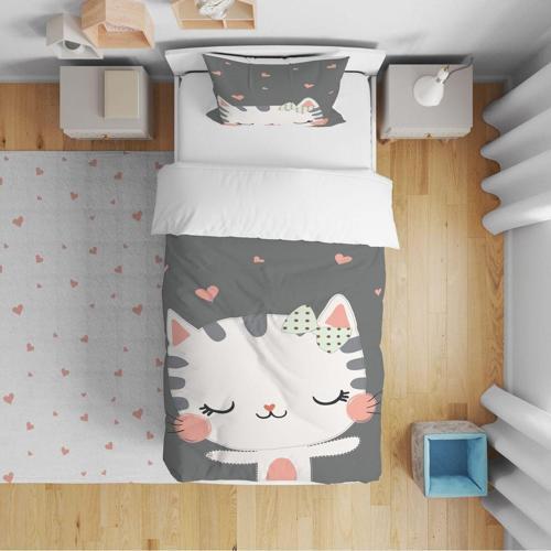 Yatak Örtüsü Sevimli Kedi Ve Kalpler 140x220 - Yastık Kılıfı Hediye