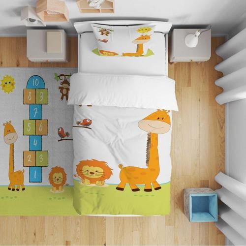 Yatak Örtüsü Sevimli Hayvanlar Ve Zürafa 140x220 - Yastık Kılıfı Hediye