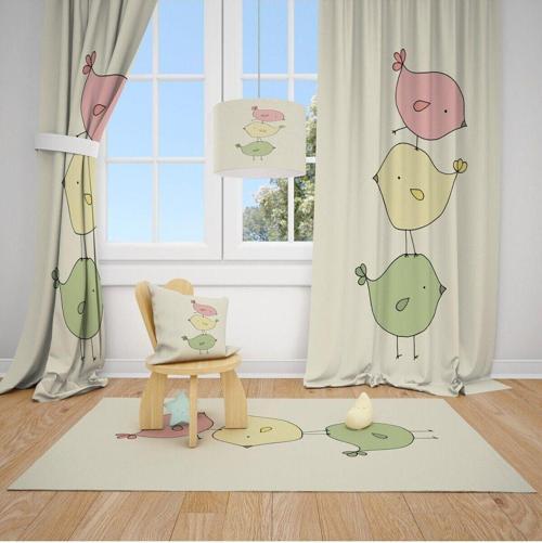 Cici Halı Renkli Kuşlar Çocuk Bebek Odası Fon Perde 1 Kanat 140x260