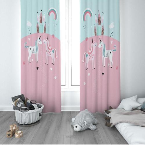 1 Kanat Çocuk Odası Perdesi Fon Perde Unicornlu Atlar Şato Gökkuşağı