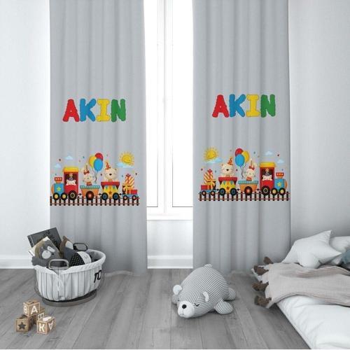 1 Kanat Çocuk Odası Perdesi Fon Perde Trende Eğlenceli Hayvanlar