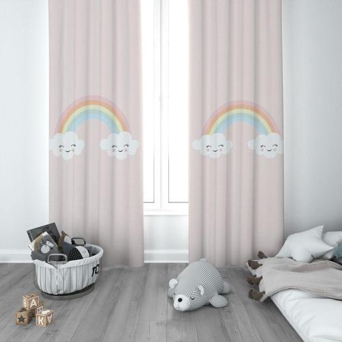 1 Kanat Çocuk Odası Perdesi Fon Perde Pembe Zemin Gğlen Bulut Gökkuşağı