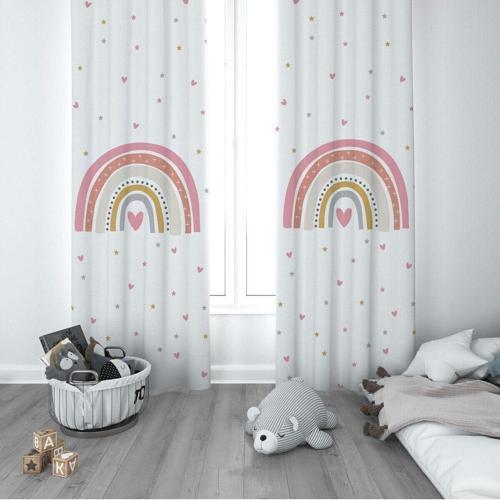 1 Kanat Çocuk Odası Perdesi Fon Perde Serpme Yıldızlı Kalpli Gökkuşağı