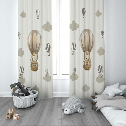 1 Kanat Çocuk Odası Perdesi Fon Perde Bulutlu Uçan Balon Sevimli Aslan