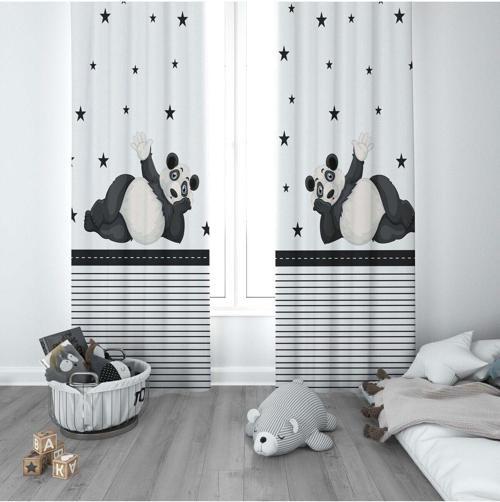 1 Kanat Çocuk Odası Perdesi Fon Perde Serpme Yıldızlı Panda