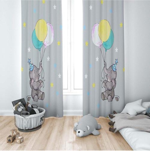 1 Kanat Çocuk Odası Perdesi Fon Perde Yıldızlı Balonlu Mutlu Fil
