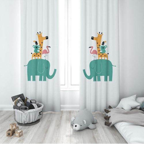 1 Kanat Çocuk Odası Perdesi Fon Perde Fil Flamingo Koala Zürafa Karga