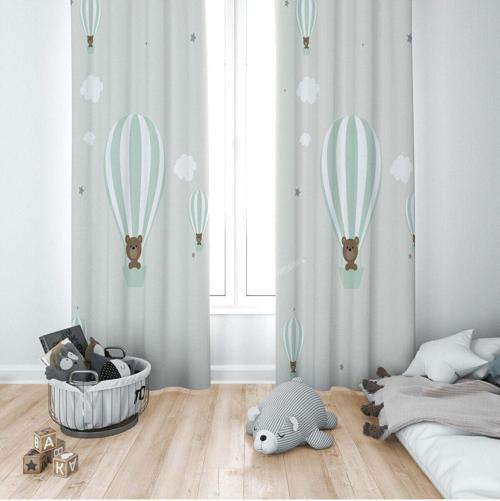 1 Kanat Çocuk Odası Perdesi Fon Perde Yıldızlı Uçan Balon Ayıcık
