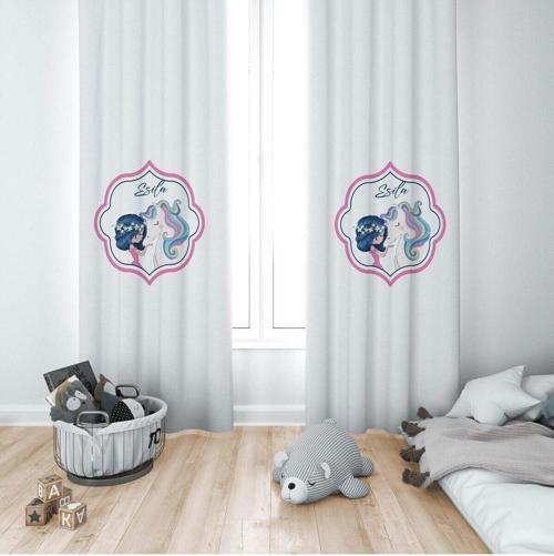 1 Kanat Çocuk Odası Perdesi Fon Perde Unicornlu Prenses Kız