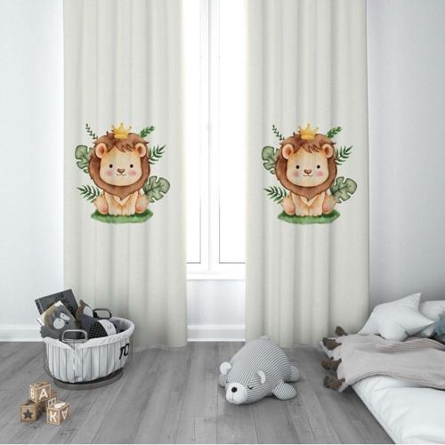 1 Kanat Çocuk Odası Perdesi Fon Perde Sevimli Aslan Yapraklar