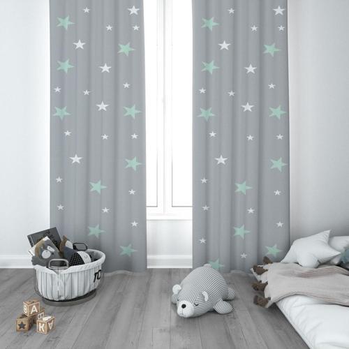 1 Kanat Çocuk Odası Perdesi Fon Perde Serpme Beyaz ve Mint Yeşili Yıldızlar