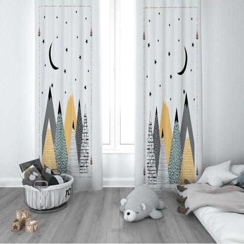 1 Kanat Çocuk Odası Perdesi Fon Perde Ay ve Yıldızlı İskandinav Dağlar