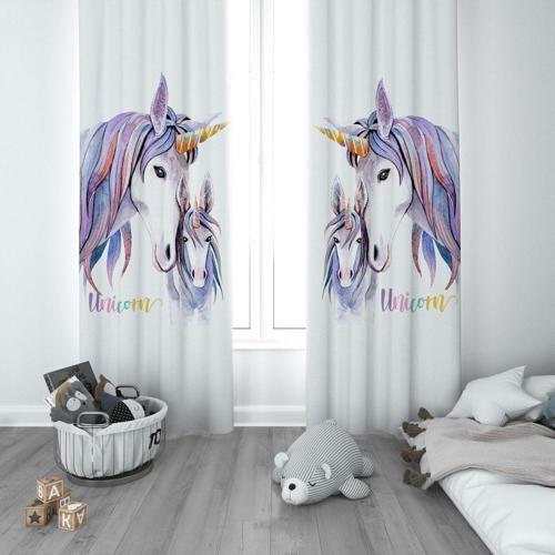 1 Kanat Çocuk Odası Perdesi Fon Perde Yıdlızlı Yavru Unicorn ve Annesi