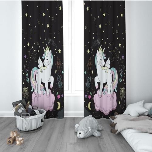 1 Kanat Çocuk Odası Perdesi Fon Perde Pembe Bulutlu Yıldızlı Unicron