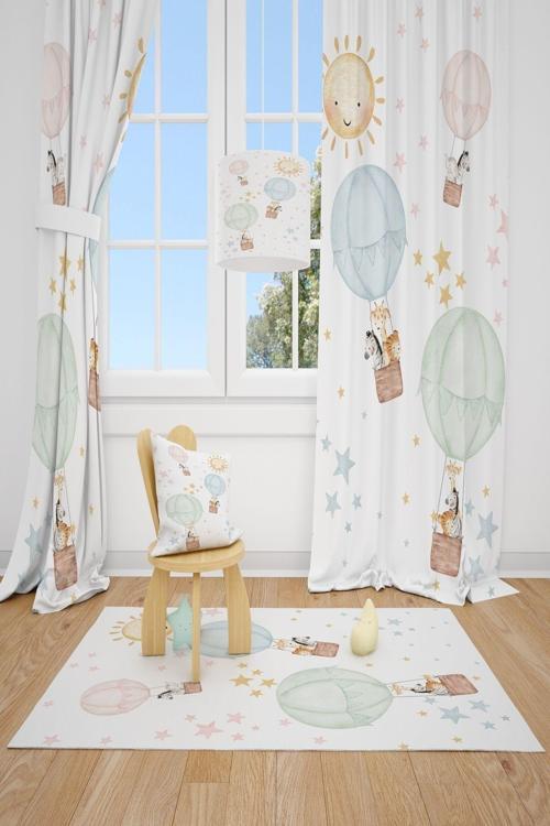 2 Kanat Uçan Balon Zebra, Zürafa, Kaplan, Yıldızlar Çocuk Odası Perdesi Fon Perde