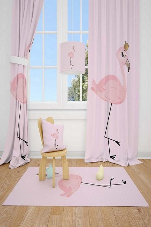 2 Kanat Flamingo Taç Hayvanlar Çocuk Odası Perdesi Fon Perde