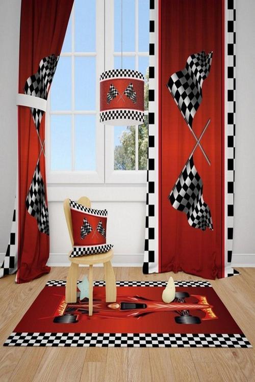 2 Kanat Yarış Bayrakları Formula 1 Bebek Çocuk Odası Perdesi Fon Perde