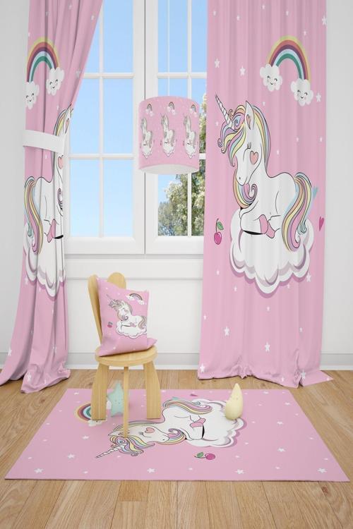 2 Kanat Unicorn At Kiraz Çocuk Odası Perdesi Fon Perde