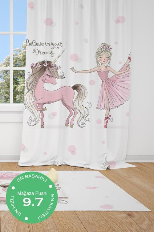 1 Kanat Ünicorn At Ve Bale Yapan Prenses Odası Perdesi Fon Perde