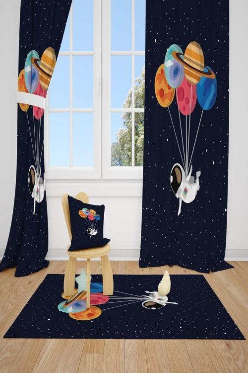 2 Kanat Uzaylı, Renkli Balon Bebek Çocuk Odası Perdesi Fon Perde