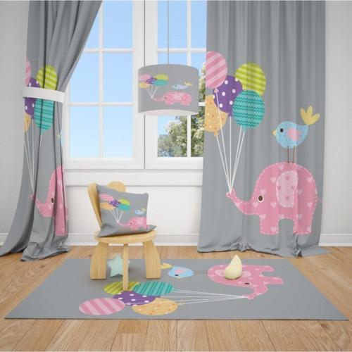 2 Kanat Fil,kuş Ve Renkli Balonlar Çocuk Bebek Odası Perdesi Fon Perde