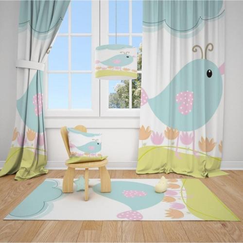 2 Kanat Kuş Doğa Çiçekler Çocuk Bebek Odası Perdesi Fon Perde