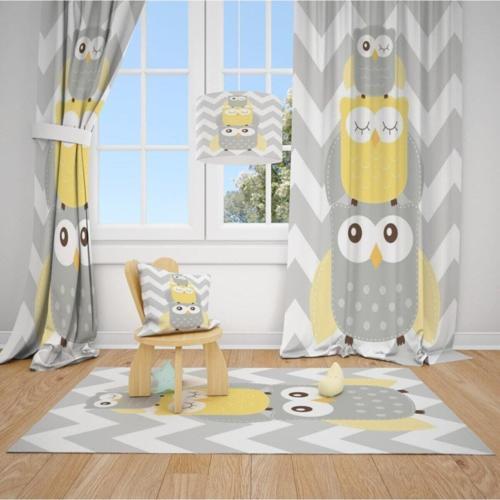 2 Kanat Üst Üste Çıkmış Baykuşlar Çocuk Bebek Odası Perdesi Fon Perde