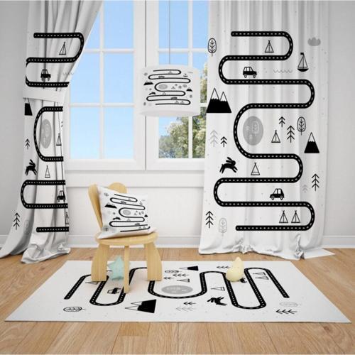 2 Kanat Yol , Orman , Tavşan ,araba Çocuk Bebek Odası Perdesi Fon Perde