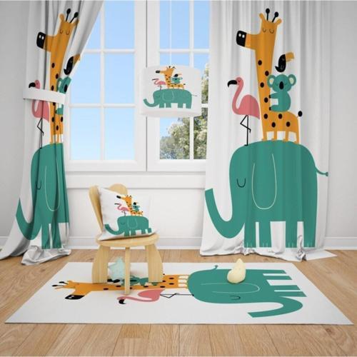 2 Kanat Flamingo,fil,koala,zürafa Çocuk Bebek Odası Perdesi Fon Perde