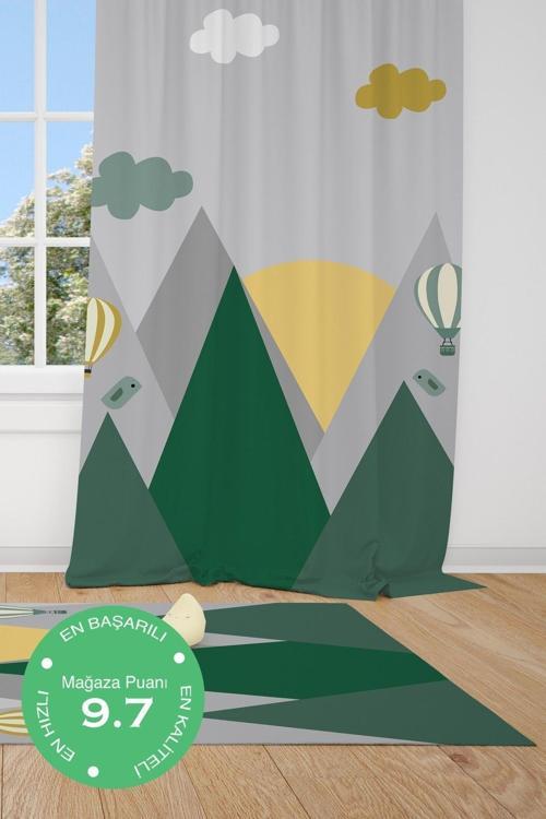 1 Kanat Iskandinav Dağlar Uçan Balon Çocuk Bebek Odası Perdesi Fon Perde