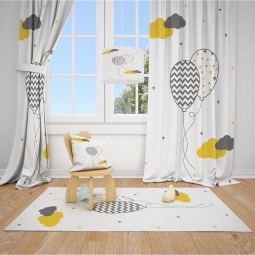 2 Kanat Uçan Balon, Yıldız , Bulut Çocuk Bebek Odası Perdesi Fon Perde