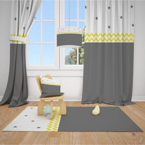 2 Kanat Sarı Dalgalı Şerit Gri Beyaz Desen Çocuk Bebek Odası Perdesi Fon Perde