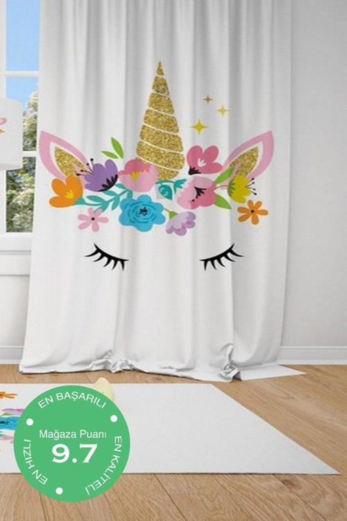 1 Kanat Unicorn At,çiçek Taç Çocuk Bebek Odası Perdesi Fon Perde