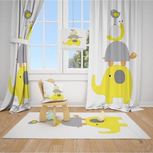 2 Kanat Fil, Kaplumbağa,salyangoz,kuş Çocuk Bebek Odası Perdesi Fon Perde