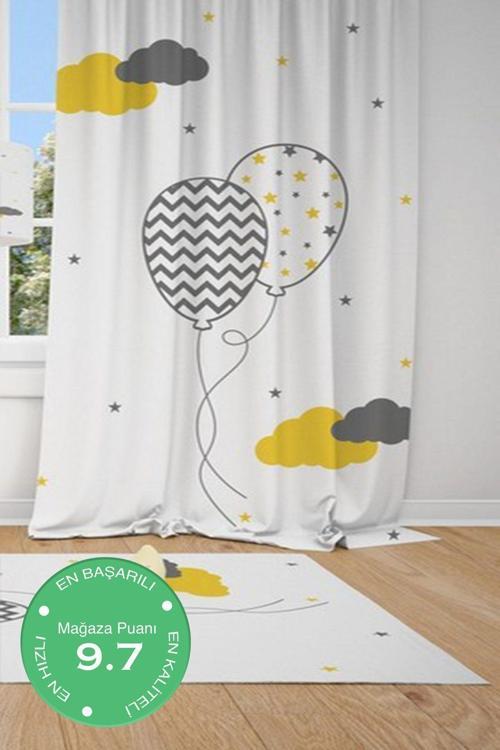 1 Kanat Uçan Balon, Yıldız , Bulut Çocuk Bebek Odası Perdesi Fon Perde