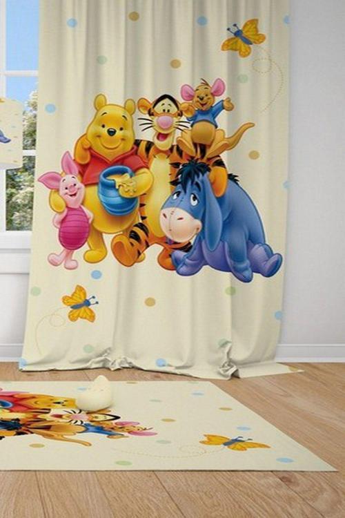 1 Kanat Winnie Pooh Puantiye, Aslan, Eşşek, Ayı, Kelebek Bebek Çocuk Odası Perdesi Fon Perde