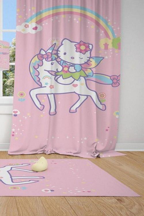 1 Kanat Cici Halı Hello Kitty Atlı Pembe Çocuk Bebek Odası Fon Perde