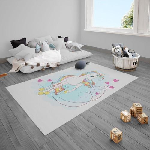 Çocuk Bebek Odası Halısı Renkli Unicorn ve Kalpler