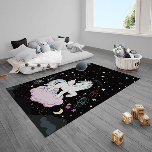 Çocuk Bebek Odası Halısı Pembe Bulutlu Yıldızlı Unicorn