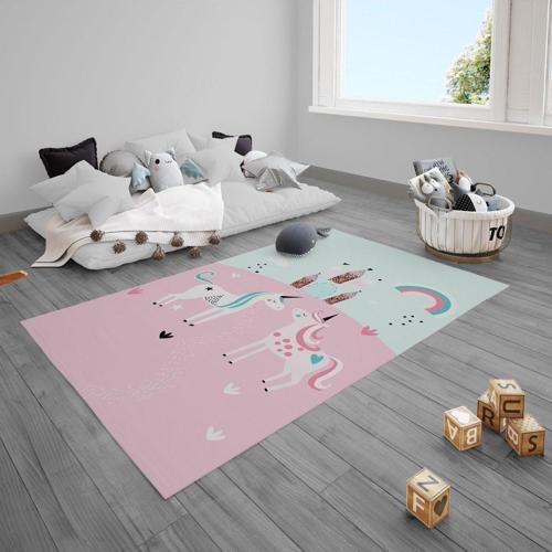 Çocuk Bebek Odası Halısı Unicornlu Atlar Şato Gökkuşağı
