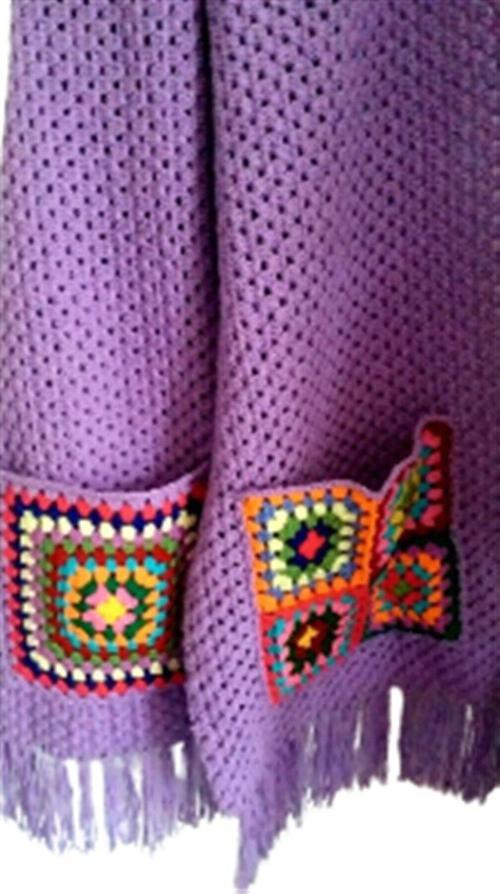 El Örgüsü Cepli Lila Motifli Kadın Şal Atkı