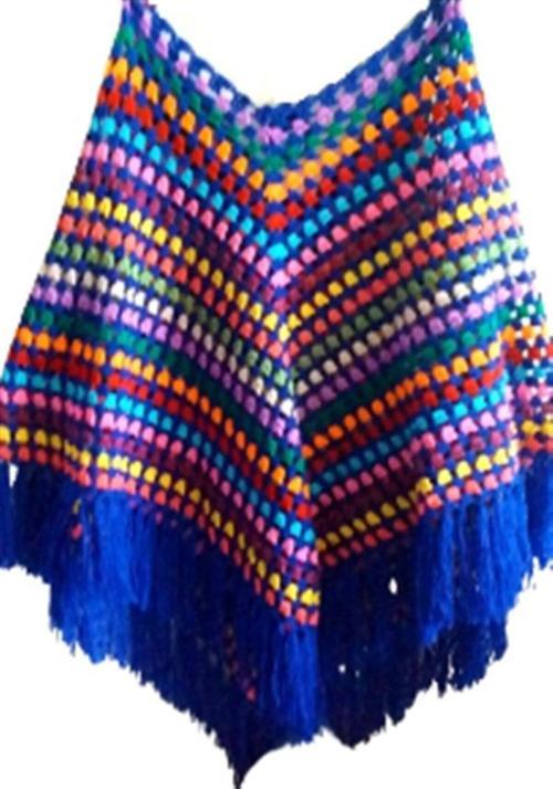 El Örgüsü Çok Renkli Mavi Kadın Panço